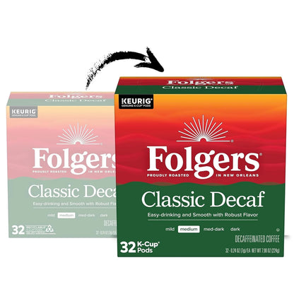Folgers Classic Decaf Coffee, Medium Roast, Keurig K-Cup Pods, 128 Count