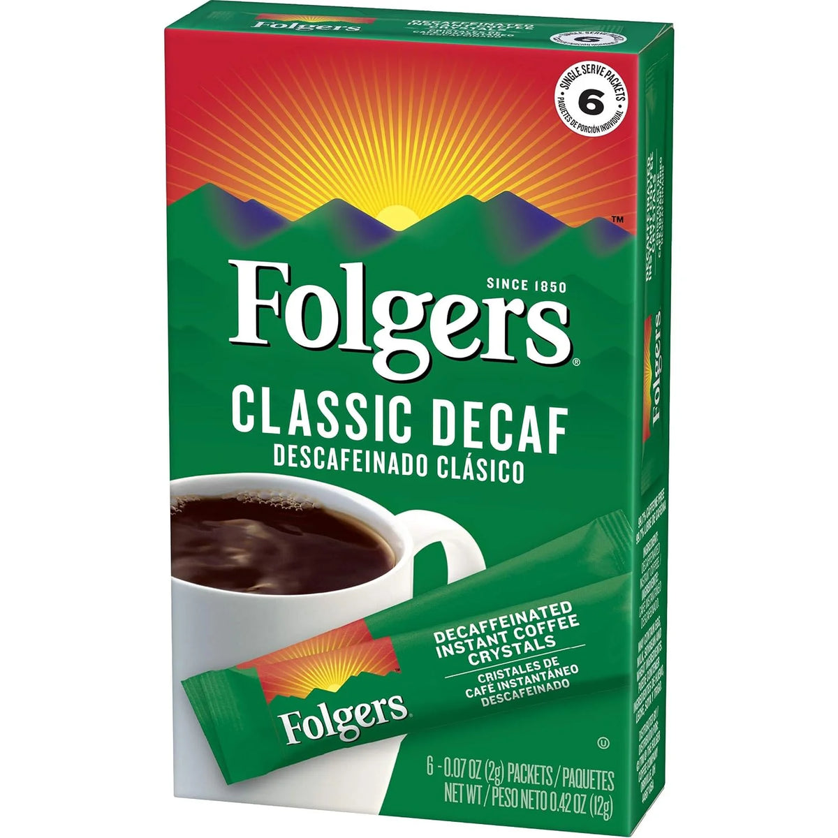 Folgers Classic Decaf Decaffeinated Instant Coffee Crystals, 6 Single Serve Packets (Pack of 12)