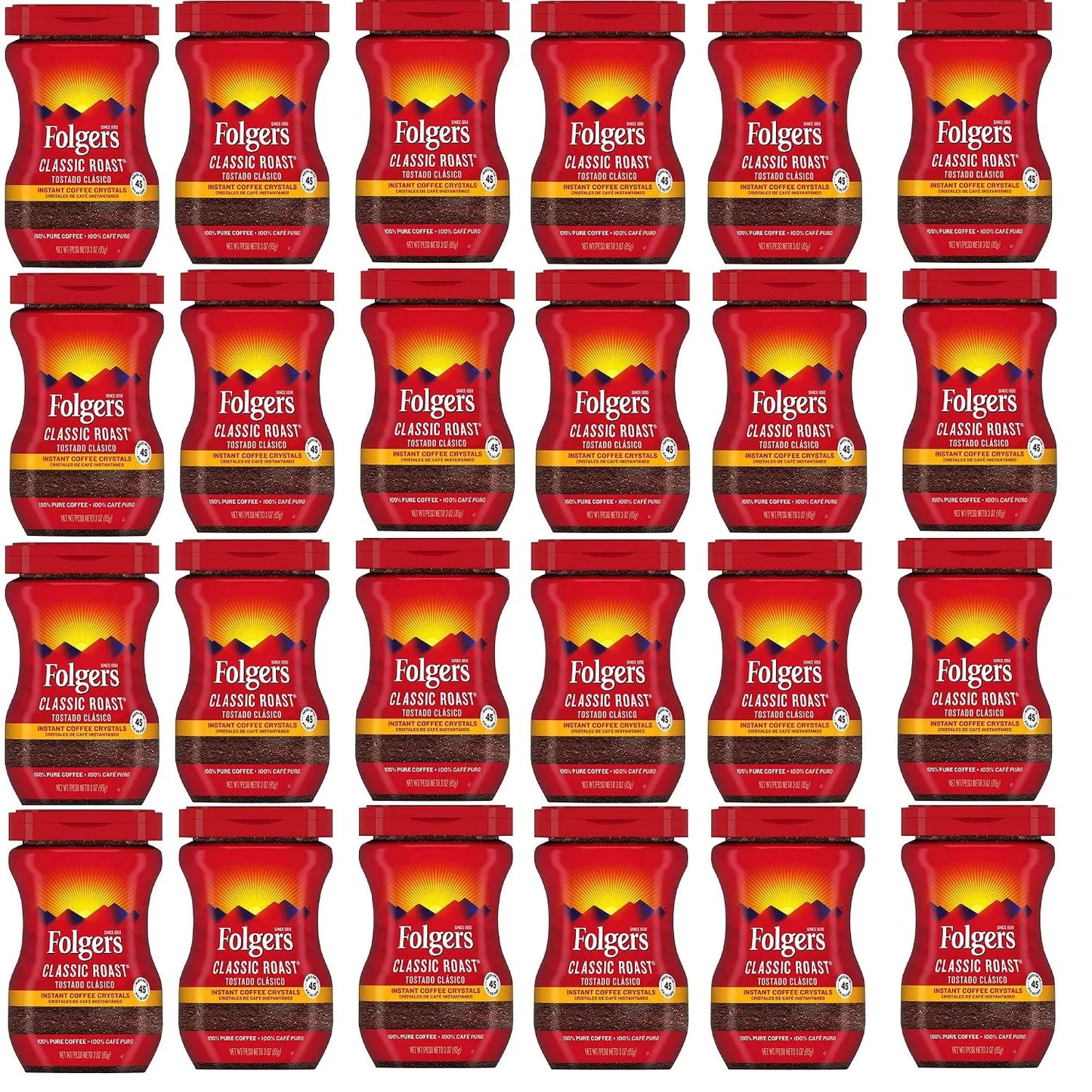 Folgers 20083 Classic Roast Instant Coffee Crystals, 3 Ounces, 100% Pure Coffee, Medium Roast, Easy-open Flip Top Lid, Portable Plastic Jar, Pack of 24