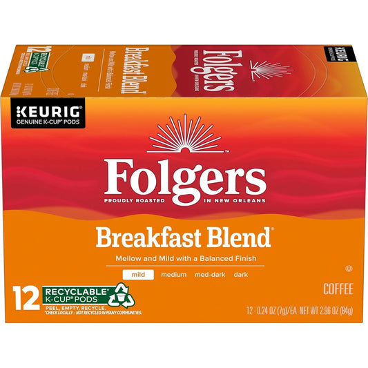 Folgers Breakfast Blend Coffee, Mild Roast, Keurig K-Cup Pods, 12 Count
